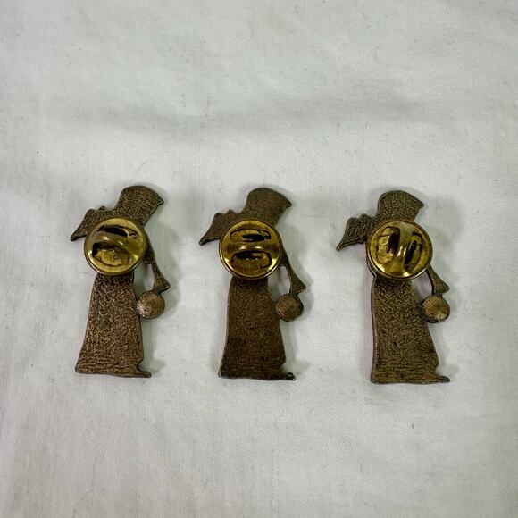 VTG Set 3 Distressed Goldtone Angel Lapel Pins Horns Green Blue Orange Crystals - Picture 2 of 4